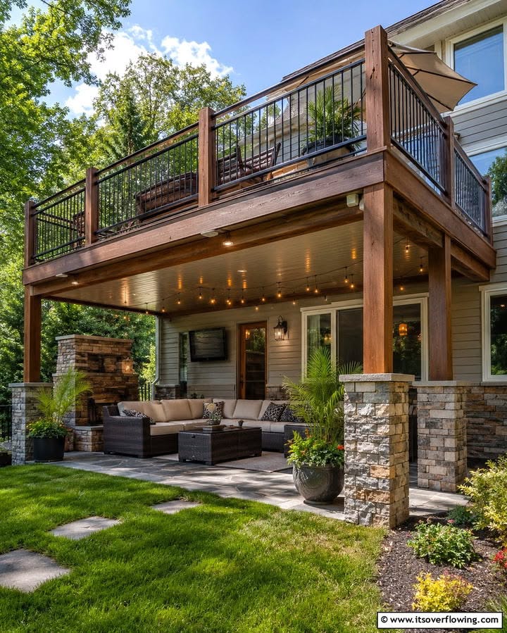 A beautifully designed outdoor patio with a deck above, featuring comfortable seating and landscaping.
