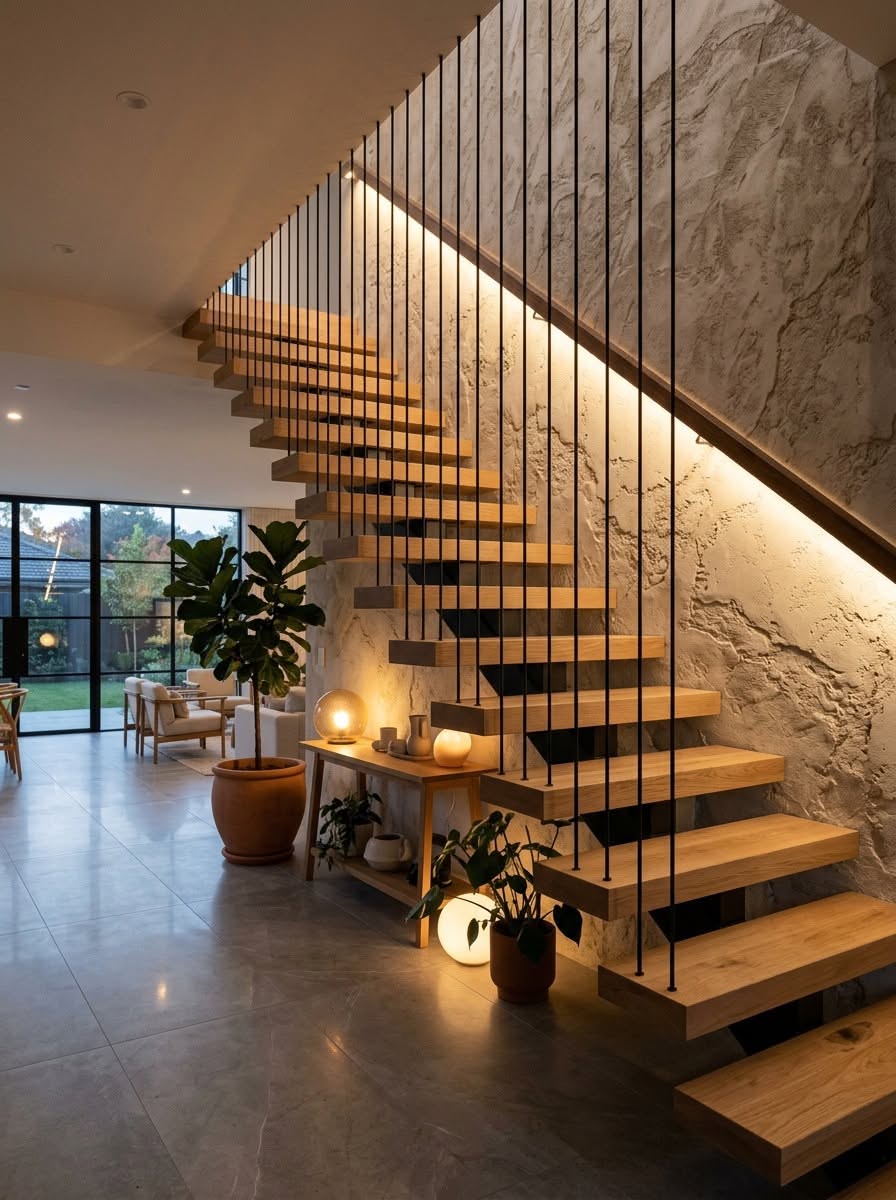 Modern floating staircase with wooden treads and sleek design