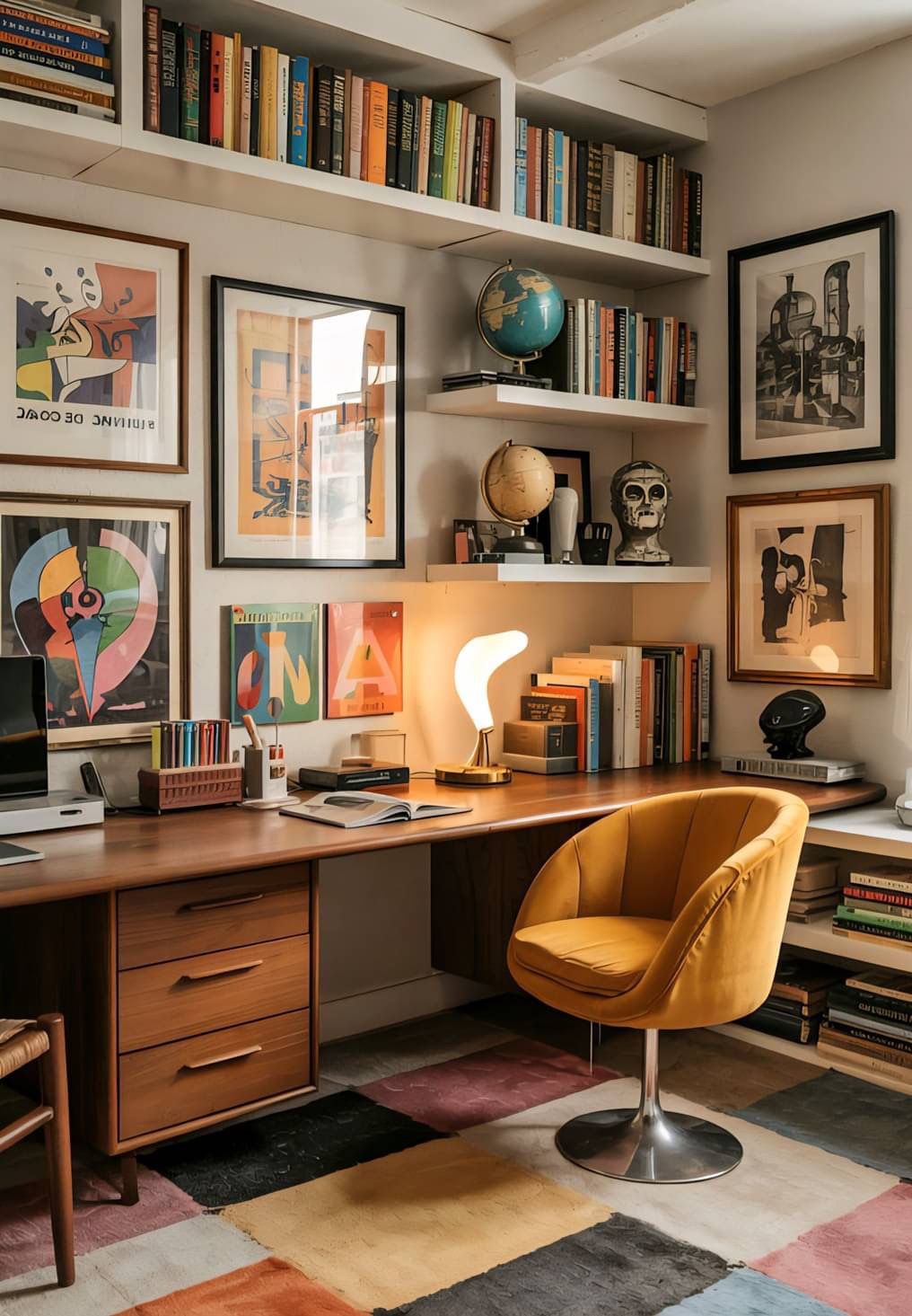 A stylish home office with a wooden desk, colorful decor, and bookshelves.