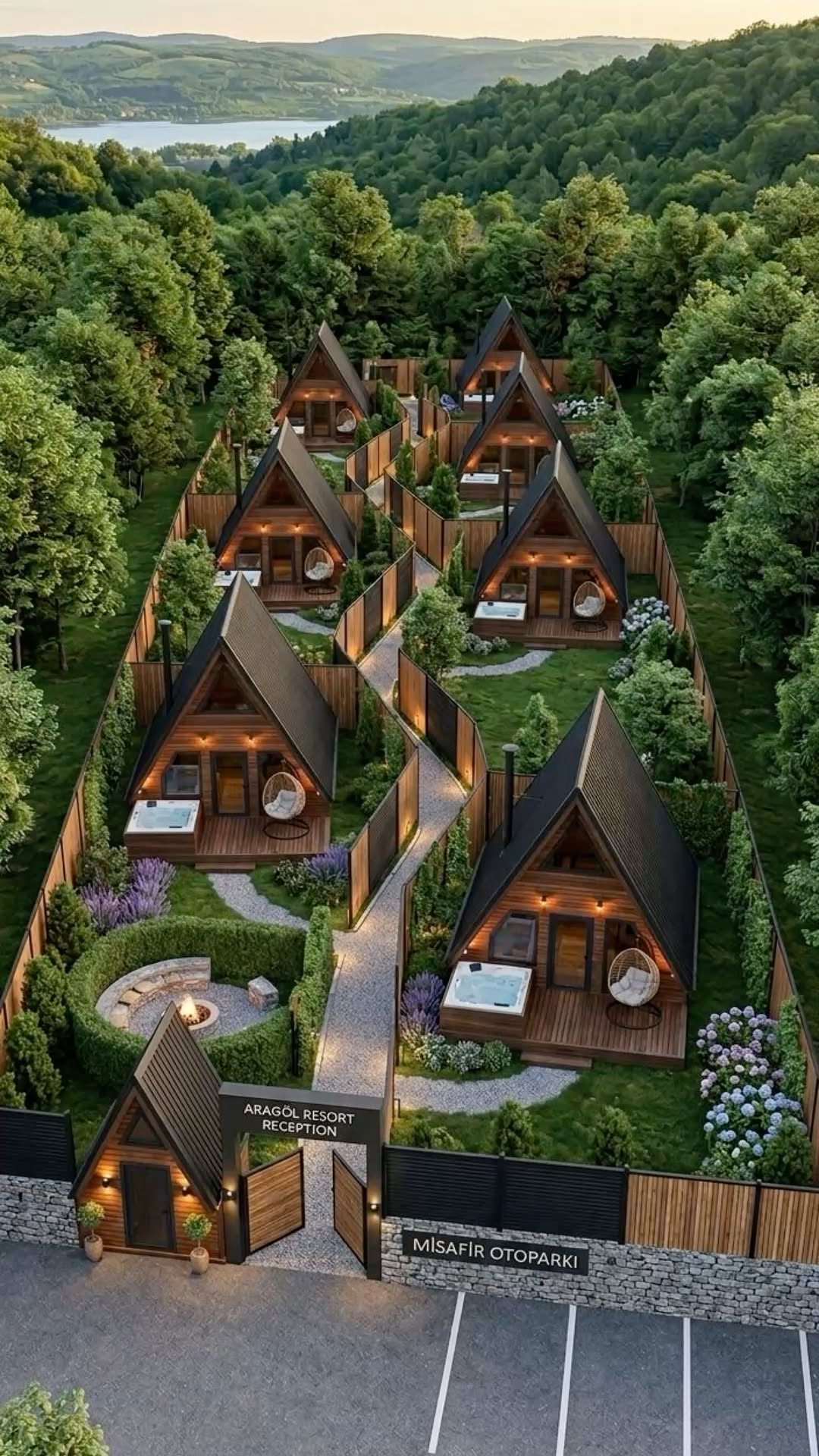 Aerial view of a serene resort with multiple cabin structures surrounded by greenery.