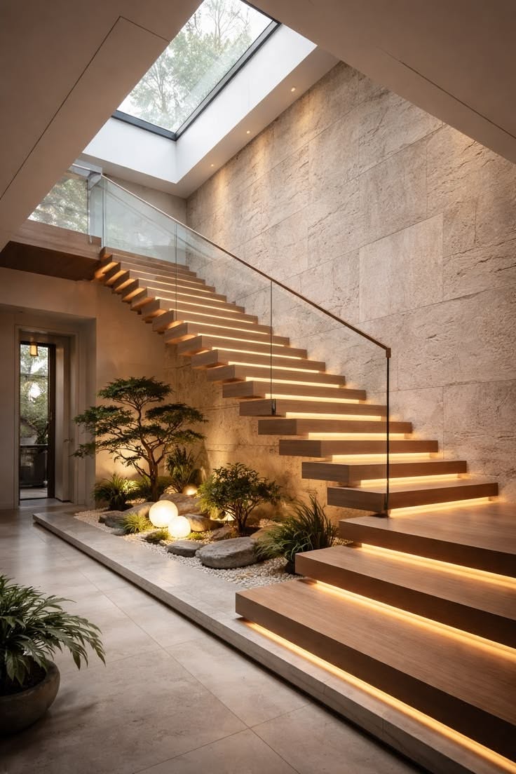 A modern floating staircase with integrated lighting and natural elements.